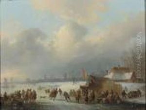 A Frozen Waterway With Skaters And Townsfolk Gathered Around A Koeken Zopie by Jacobus Van Der Stok