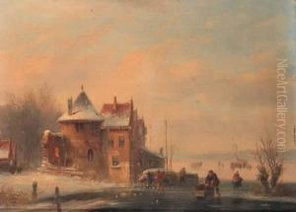 A Frozen Waterway With Skaters Passing A Fortified Mansion With Akoek En Zopie Beyond - view 1