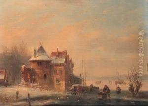 A Frozen Waterway With Skaters Passing A Fortified Mansion With Akoek En Zopie Beyond