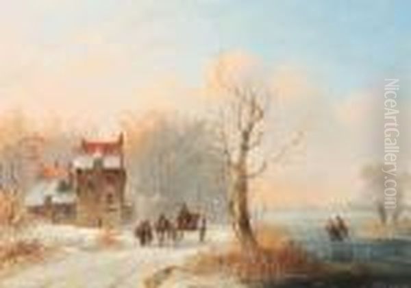 A Winter Landscape With Skaters 
On A Frozen Waterway And Ahorse-drawn Cart On A Snow-covered Track - view 1