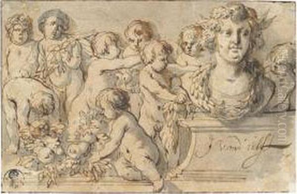 Putti Decorating A Portrait Bust On A Plinth With Garland - view 1