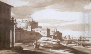 A Seaport With Figures Before A Walled City