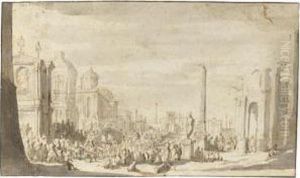 Recto: A Crowd Of Figures 
Gathered In The Roman Forum, An Obelisk And Triumphal Arch To The Left; 
Verso: Three Men In Discussion At The Base Of An Elaborate Column