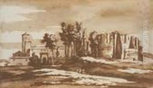 The Roman Campagna With A Villa,
 Ruins Of An Antique Building Andthree Figures In The Foreground