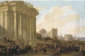 A Capriccio Of Classical 
Architecture In A Town With Soldiers Andoriental Merchants, A Bridge And
 Mountains Beyond