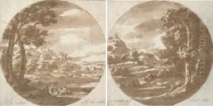An Extensive River Landscape 
With Figures Beneath A Tree; And Anextensive Landscape With A Castle On A
 Hill To The Left