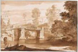 Wooded River Landscape With A Bridge, And Ruins Behind