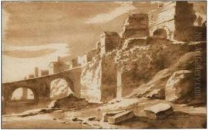 View Of The Walls Of An Italian Town, With Antique Ruins And A Bridge by Jacob Van Der Ulft