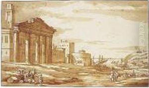 Capriccio With Peasants By Roman
 Ruins And Other Buildings, A Mediterranean Harbour Behind