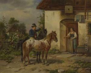 Der Postillon Uberbringt Der Bauerin Einen Brief. by Adolf van der Venne
