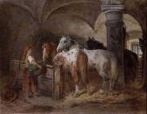Im Pferdestall. by Adolf van der Venne