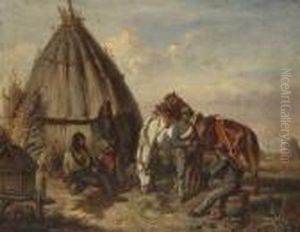 Soldaten Mit Gefesselten
Gefangenen Bei Der Rast Vor Einer Strohhutte. by Adolf van der Venne