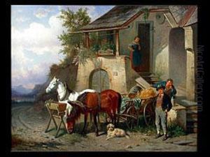 Pferdegespann Vor Einem Gasthof Pferdegespann Vor Einem Gasthof