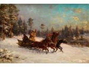 Troika In Russischer Winterlandschaft Mit Zwei Jagern Im Schlitten by Fritz van der Venne