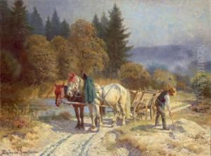 Pferdefuhrwerk Am Uferweg