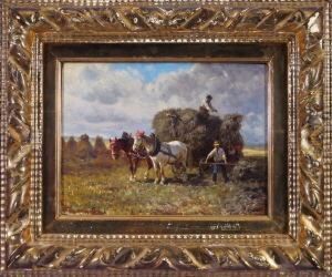 Heuernte - Drei Bauern 
Beimbeladen Des Zweispannigen Pferdewagens, Im Hintergrundgewitterwolken by Fritz van der Venne