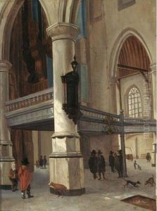 A Church Interior With Figures And Dogs by Hendrick Van Vliet