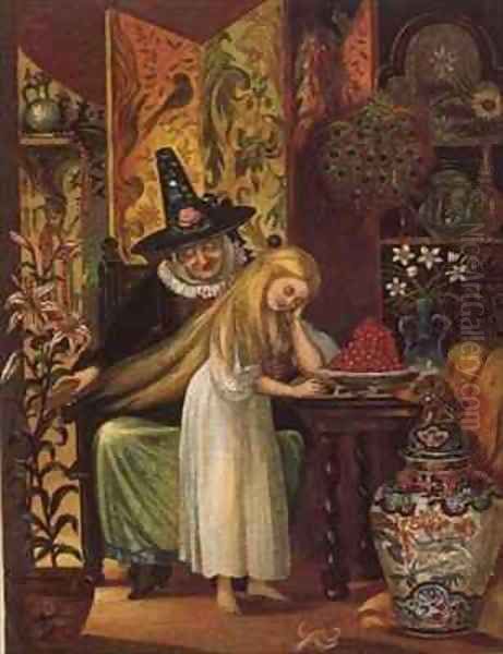 The Old Witch combing Gerdas hair with a golden comb to cause her to forget her friend in 'The Snow Queen from Hans Christian Andersens Fairy Tales - view 1