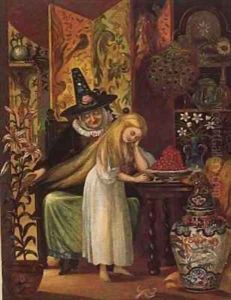 The Old Witch combing Gerdas hair with a golden comb to cause her to forget her friend in 'The Snow Queen from Hans Christian Andersens Fairy Tales by Lorens Frolich