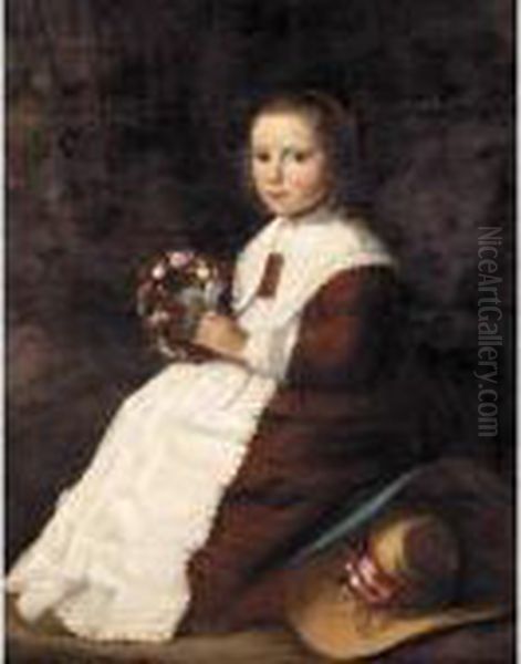 Portrait Of A Young Girl, Full 
Length, Seated In A Landscape, Wearing A Brown Dress And Holding A 
Garland Of Flowers - view 1