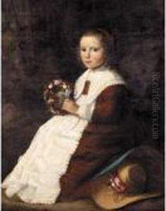 Portrait Of A Young Girl, Full
Length, Seated In A Landscape, Wearing A Brown Dress And Holding A
Garland Of Flowers by Hendrick Van Vliet