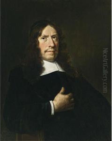 A Portrait Of A Cleric, Aged 65,
 Seated Half Length, Wearing A Black Coat With A White Collar And 
Sleeves And A Black Cap - view 1