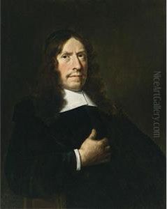 A Portrait Of A Cleric, Aged 65,
Seated Half Length, Wearing A Black Coat With A White Collar And
Sleeves And A Black Cap by Hendrick Van Vliet