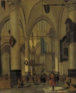 A View In A Gothic Church With Elegant Townsfolk