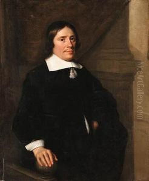 Portraits Of A Gentleman And A 
Lady, Standing Three-quarter Length,wearing Black Costumes With White 
Collars And Cuffs, Onbalconies - view 1