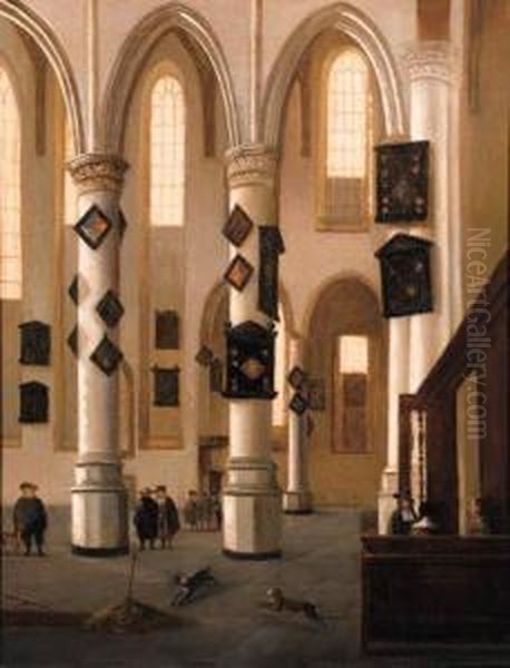 A View In The Oude Kerk, Delft,
Looking East From The Northernaisle, With Townsfolk Near An Open Grave - view 1