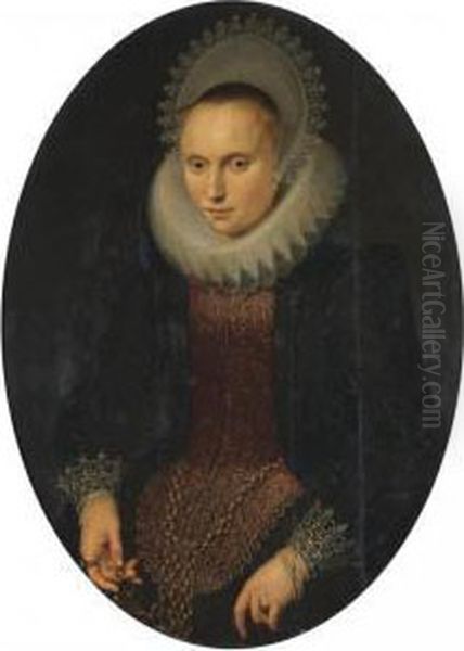 Portrait Of A Lady, Half-length,
Wearing A Red And Black Richly Embroidered Jacket, A White Ruff And A
White Headdress - view 1