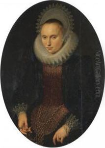Portrait Of A Lady, Half-length,
 Wearing A Red And Black Richly Embroidered Jacket, A White Ruff And A 
White Headdress