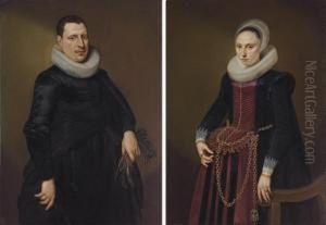 Portrait Of A Gentleman, 
Three-quarter Length, In A Black Coat With White Collar, Holding A Pair 
Of Gloves; And Portrait Of A Lady, Three-quarter Length, In A Black And 
Red Dress With Gold Chains, By A Chair