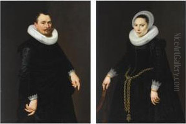 A Portrait Of Pieter Merchijs
(1582-before 1628), Aged 39, Standing Three-quarter Length, Wearing An
Elaborate Black Suit With White Lace Cuffs And A Mill-stone Collar,
Holding A Hat; A Portrait Of His Wife, Maria Florianus (born 1600), Aged
22, S - view 1