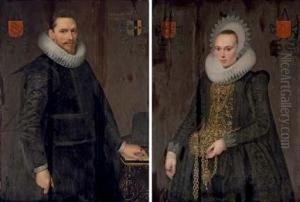 Portrait Of Adriaen De Kies Van 
Wiessen (1582-1664), Three-quarter-length, In A Black Doublet With A 
White Lace Ruff, Standing By A Table; And Portrait Of Justina Van 
Teylingen (1596-1643), Wife Of Adriaen De Kies Van Wissen, 
Three-quarter-length
