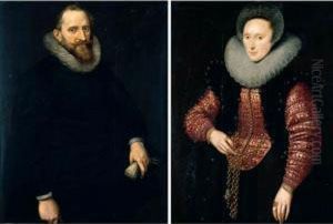 Portrait Of A Gentleman, Three-quarter Length, Wearing Black, Holding A Pair Of Gloves by Cornelis van der Voort