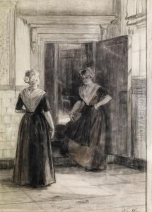 Zwei Junge Hollandische Madchen Im Gesprach by Nicolaas Van Der Waay