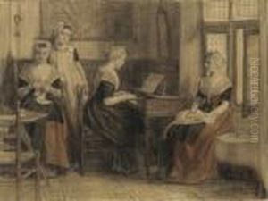 Femme Assise Jouant Du Piano,
D'autres Femmes Cousant Dans Un Interieur Aux Armes D'amsterdam by Nicolaas Van Der Waay