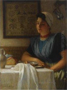 A Kitchen Interior With A Girl In Regional Costume