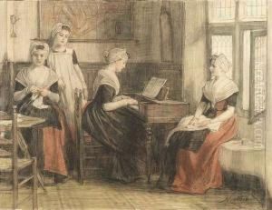 Netherlands Interior With Four Young Ladies, One Of Them Playing On A Piano by Nicolaas Van Der Waay