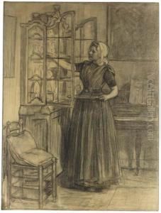 A Female Servant Taking Glasses Out Of A Vitrine, In An Elegantinterior by Nicolaas Van Der Waay
