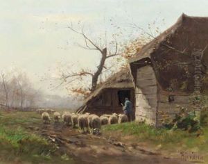 Sheep By A Barn by Hermann Johannes Van Der Weele