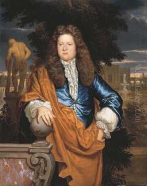 Portrait Of A Gentleman,
Three-quarter-length, In A Blue Velvetjacket With White Lace Shirt And
Brown Cape, In A Garden, Beforethe Statue Of The Farnese Hercules - view 1