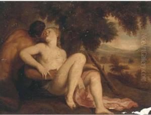 A Nymph And A Satyr In A Wooded Landscape by Adriaen Van Der Werff