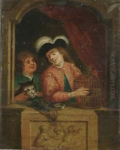 A Young Man At A Balcony With A Bird Cage, A Boy With A Cat Looking On