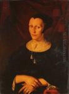Portrait Of A Lady, 
Three-quarter-length In A Black Cap And Black Dress With A Lace Collar, 
Before A Red Curtain