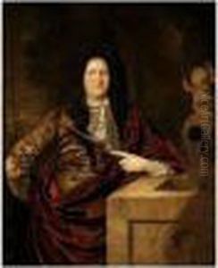 Portrait Of A Gentleman, Standing Beside A Cistern, Holding A Spear