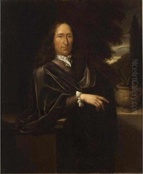 A Portrait Of A Gentleman,
Standing Three-quarter Length, Wearing A Brown Costume With A White
Chemise And A Black Shawl, In A Park Setting; A Portrait Of A Lady,
Seated Three-quarter Length, Wearing A Blue Classical Dress With A White
Chemise And - view 1