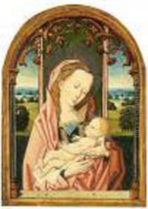 The Virgin And Child Enthroned Within A Feigned Window Before A Landscape by Rogier van der Weyden