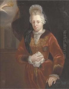 Portrait Of A Gentleman, 
Standing Three-quarter-length, In A Brown Silk Robe With Blue Lining